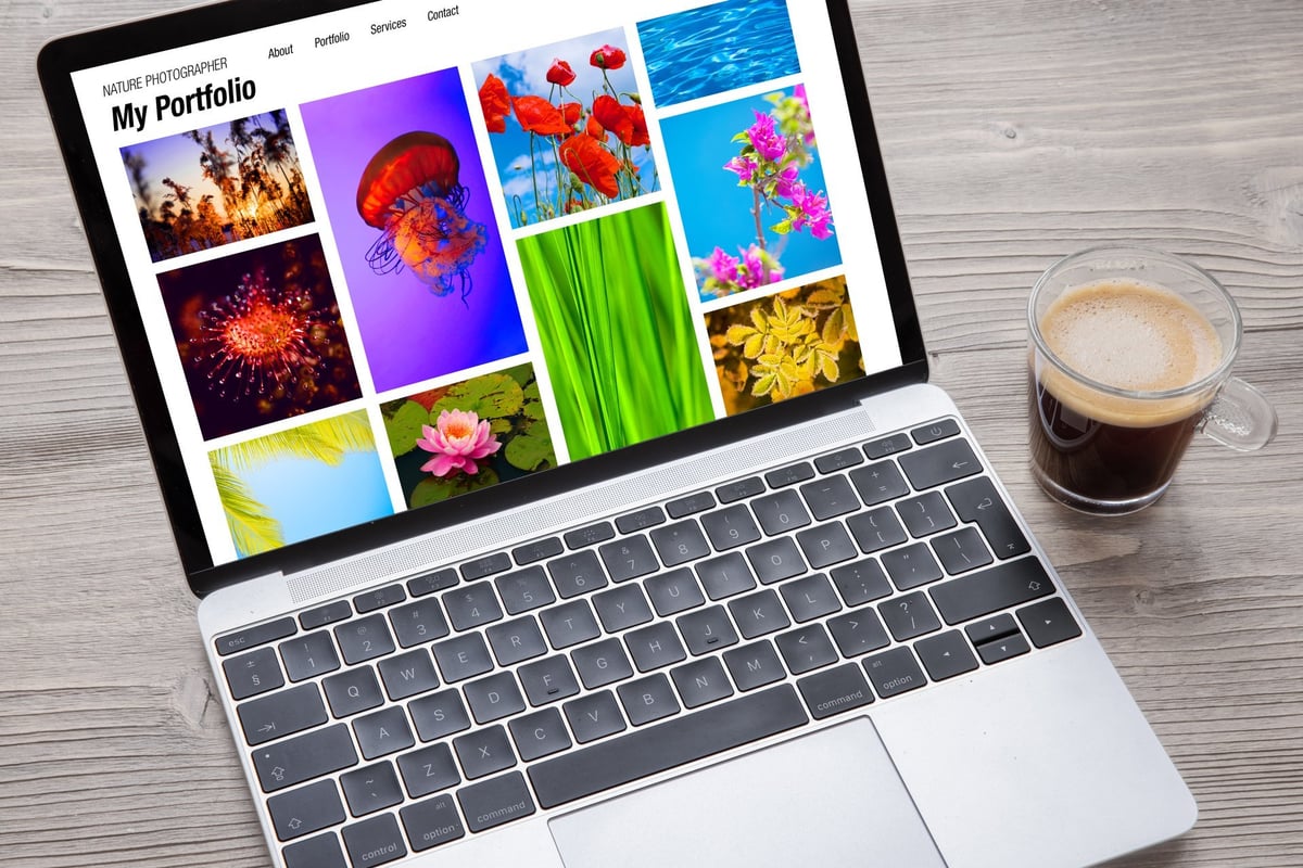Top view of laptop computer with nature photography portfolio on the screen