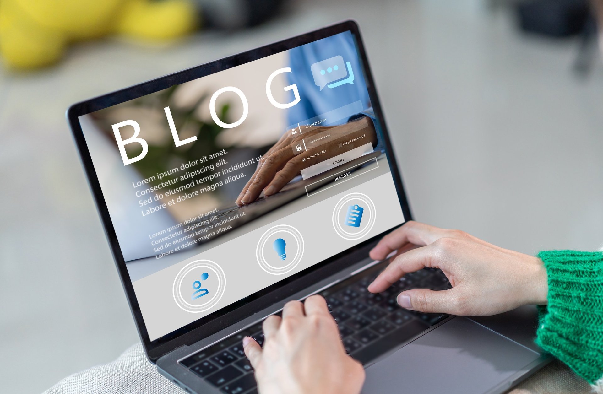 Social media online content, freelance worker, working online, content creator, woman using laptop