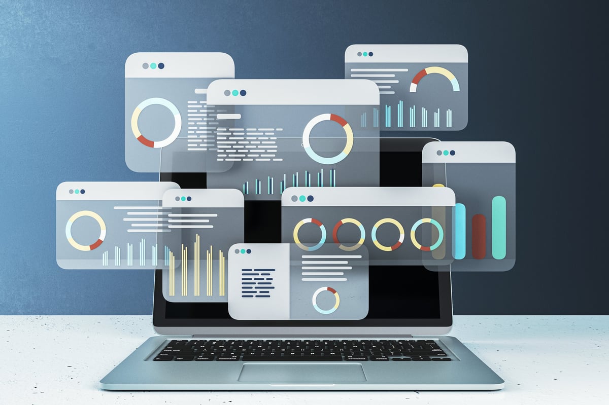 Data analytics dashboard with graphs and charts on laptop