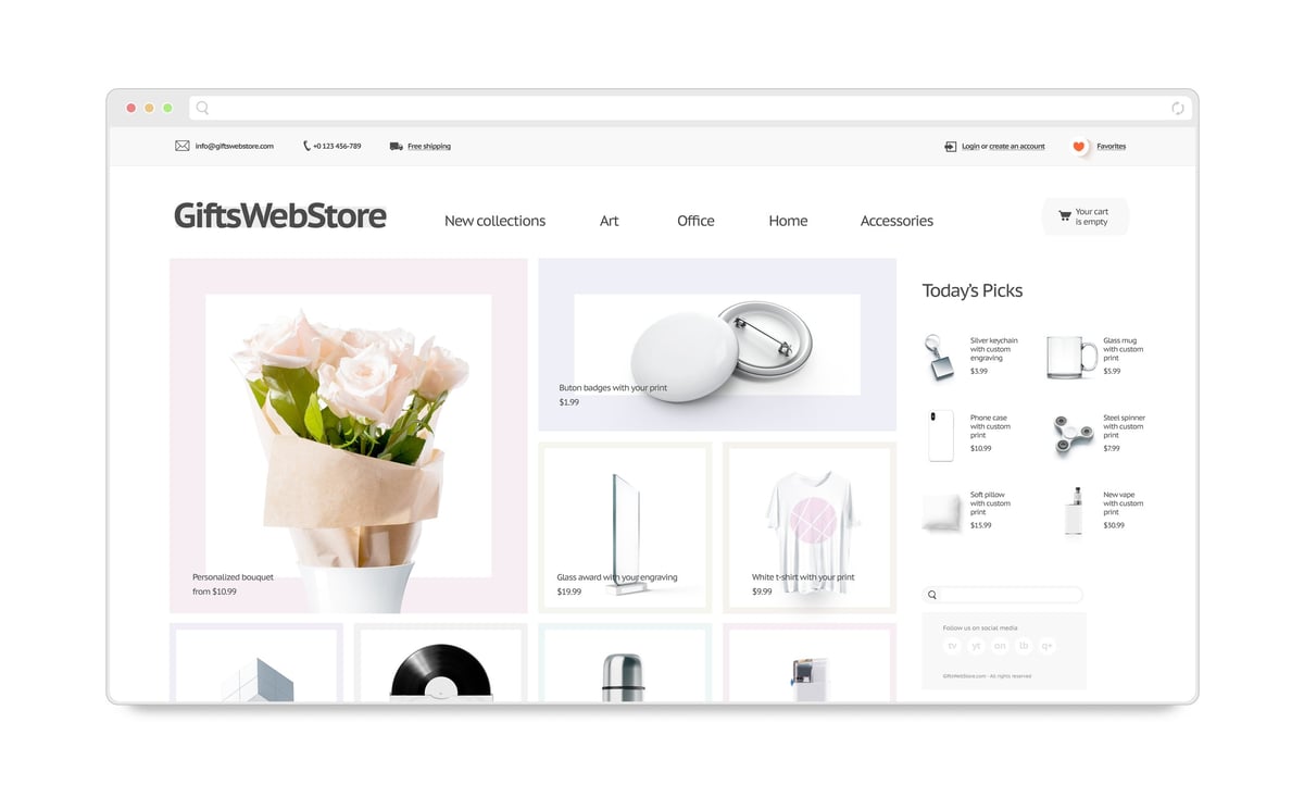 Gifts webstore site template mockup isolated, 3d illustration