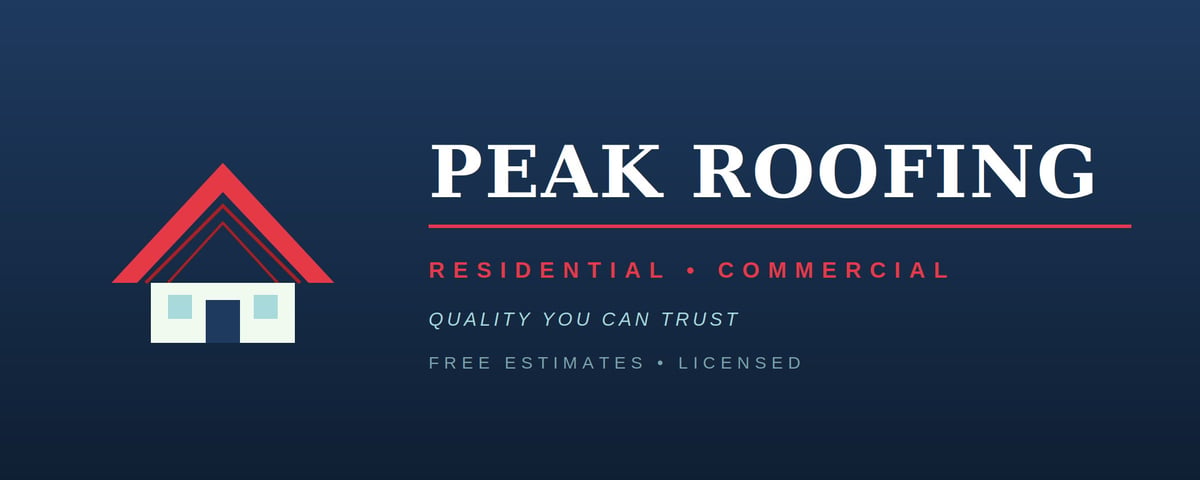 Peak Roofing logo with red roof and white house icon, featuring residential and commercial services tagline