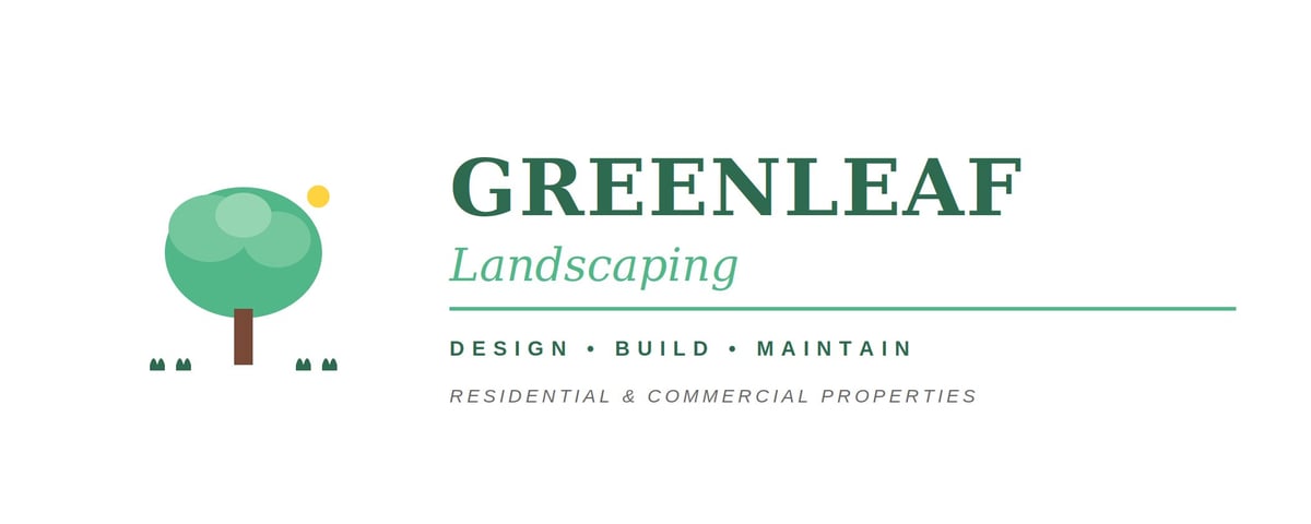 Greenleaf Landscaping logo featuring a geometric green tree icon and company name with tagline Design, Build, Maintain for residential and commercial properties