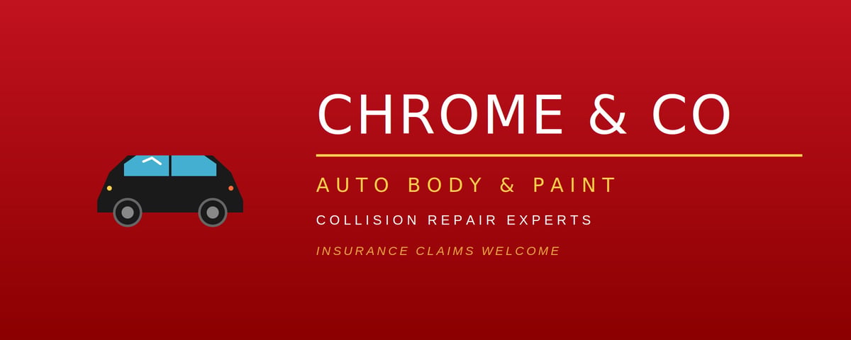 Chrome & Co auto body and paint shop logo featuring a blue car icon on red background with collision repair and insurance services text