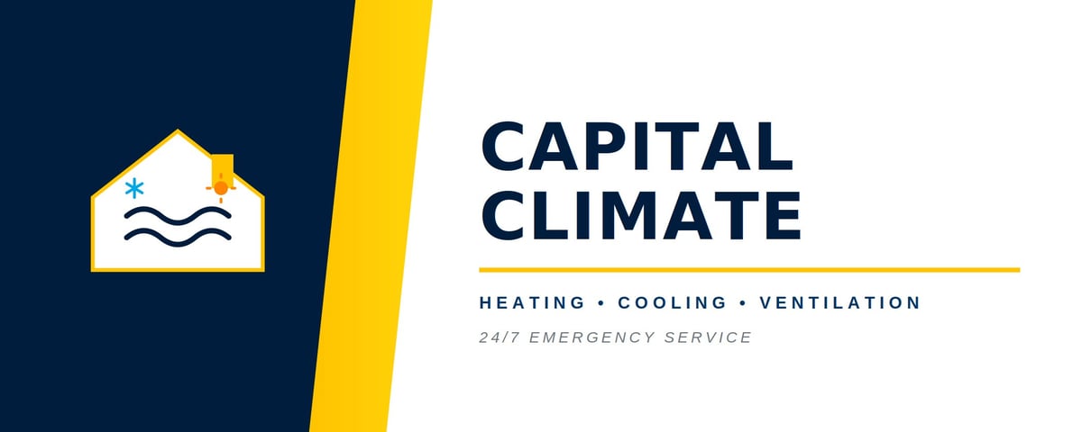 Capital Climate logo featuring house icon with waves, company name, and services text on dark and light background