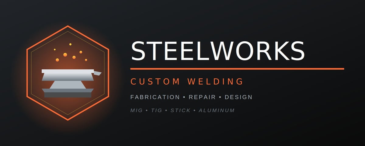 Steelworks logo featuring hexagon frame with welding equipment, custom welding services text, and specialties including fabrication and repair