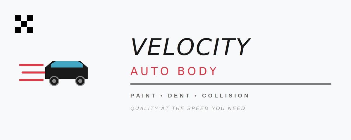 Velocity Auto Body logo featuring a stylized black car icon with red speed lines and business tagline for paint, dent, and collision services