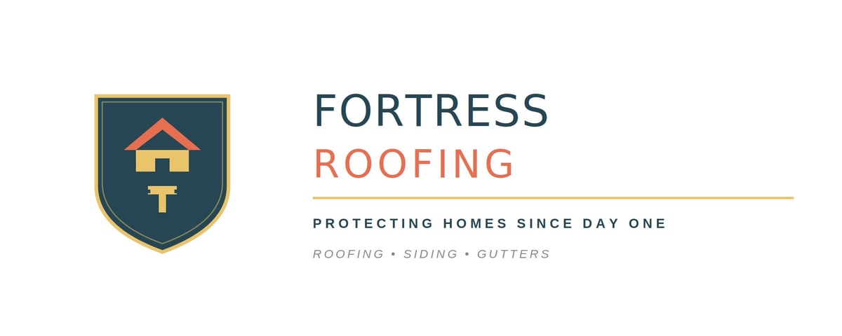Fortress Roofing logo featuring a shield with a house icon, company name and tagline protecting homes since day one