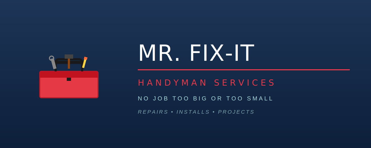 MR. FIX-IT handyman services logo with red toolbox and text on dark blue background