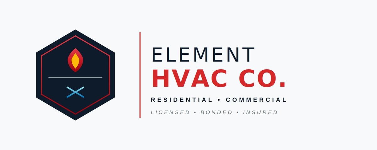 Element HVAC Co. logo featuring hexagonal emblem with flame icon and business credentials for residential and commercial services