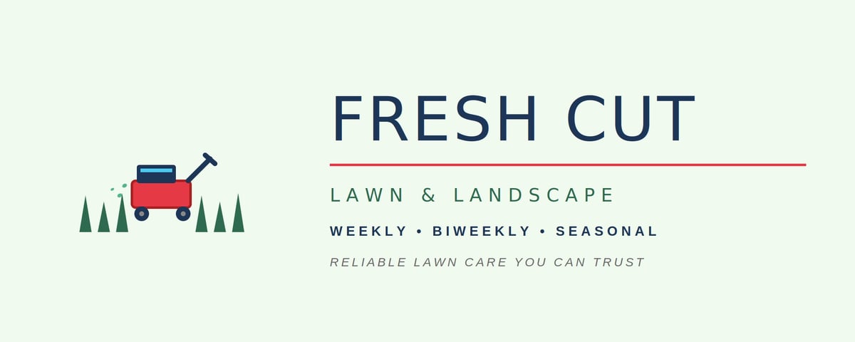 Fresh Cut lawn care logo featuring a red lawnmower with trees and text about weekly, biweekly, and seasonal services
