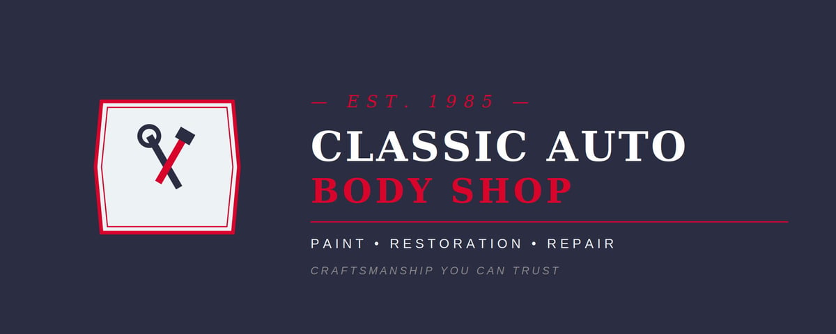 Classic Auto Body Shop logo with red wrench and hammer icon, featuring paint, restoration, and repair services