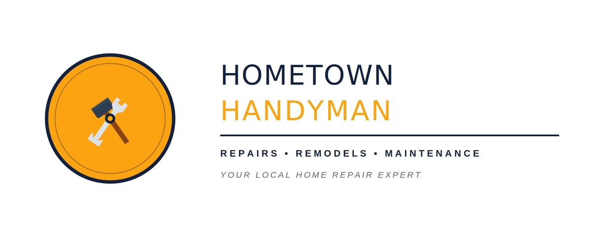 Hometown Handyman logo featuring a yellow circle with a hammer and wrench icon, text reading Repairs, Remodels, Maintenance