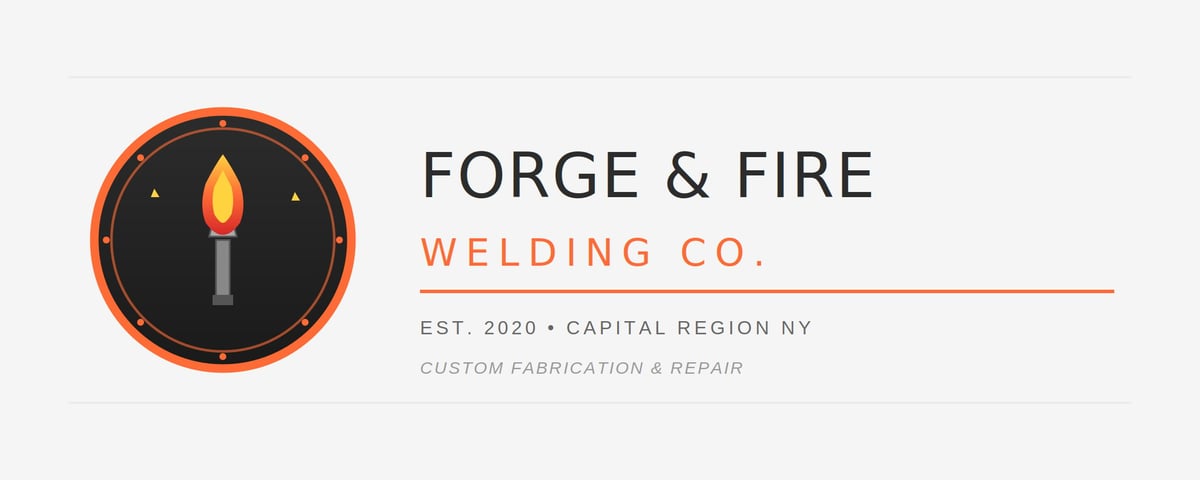 Forge & Fire Welding Co. logo featuring a torch symbol and business details for custom fabrication and repair in Capital Region, NY
